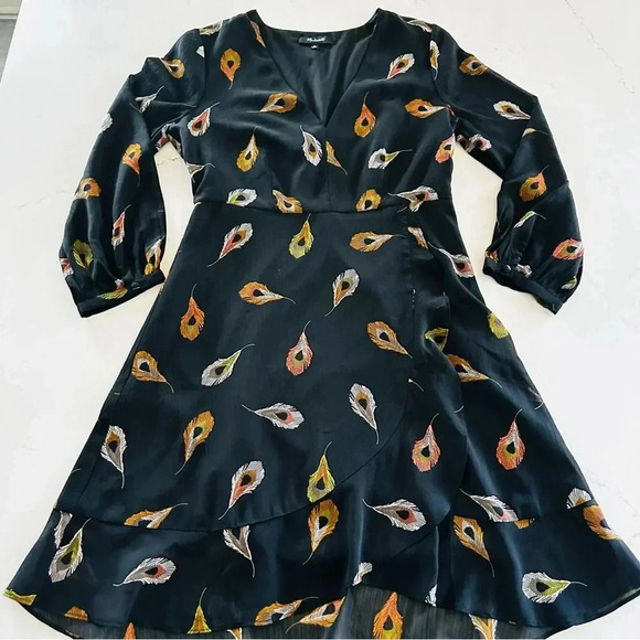 Madewell Black Poppy Wrap Long Sleeve Peacock Mini Dress - Picture 5 of 11